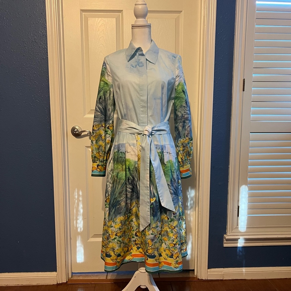 Spring is Here! Teri Jon Blue Long Sleeve Flowered Shirt Dress